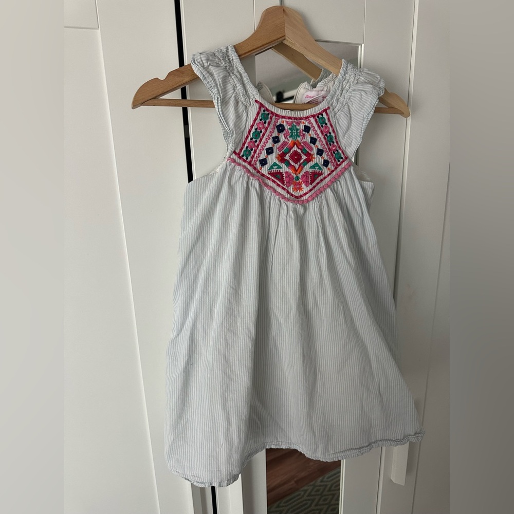 Tommy Bahama Girl’s White Blue Striped Dress with Pink & Multicolor Embroidery